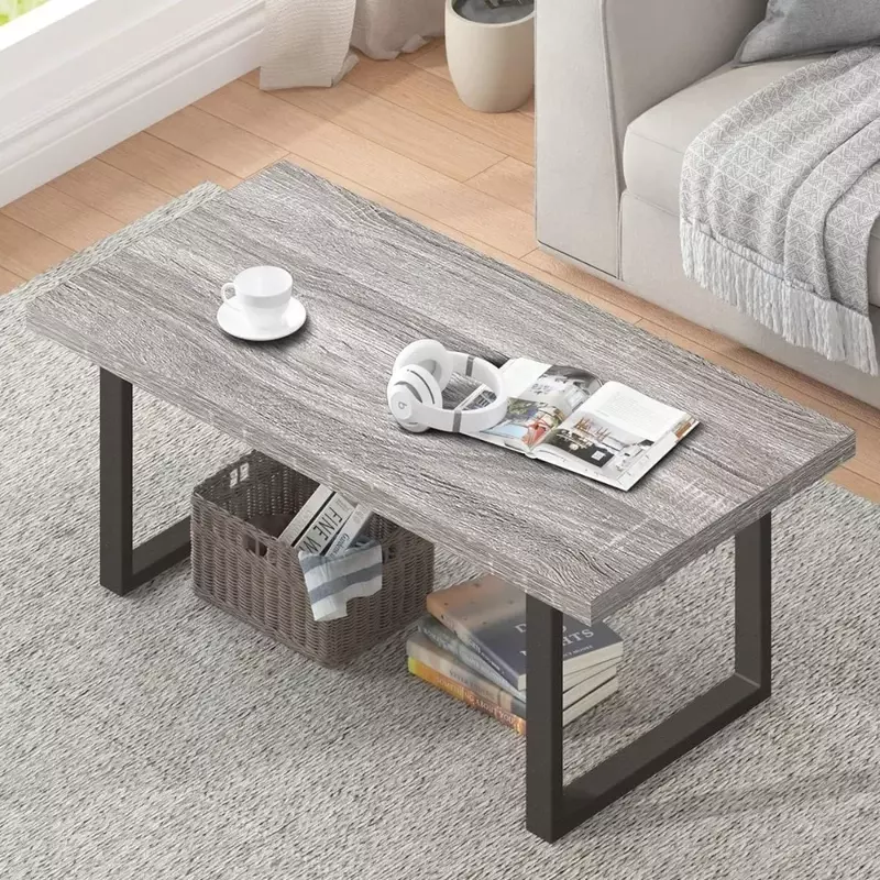 Holz und Metall einfache moderne rustikale Mittel tisch Couch tische für Wohnzimmer möbel leichte graue Eiche 47 Zoll versteckte Lagerung