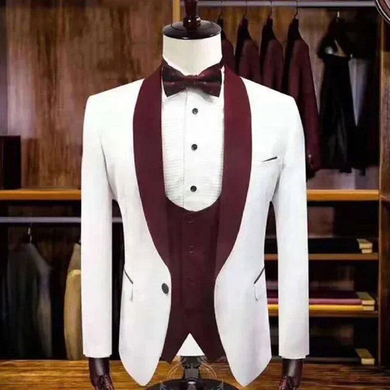 White Men Suits Gold Shawl Notch Lapel Costume Homme Tuxedos For Wedding Bridegroom 3 Pcs Prom Slim Fit Blazers Jacket Pant Vest
