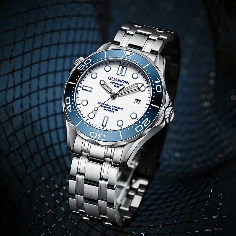 GUANQIN-Reloj de pulsera de acero inoxidable para hombre, cronógrafo mecánico automático de buceo, cristal de zafiro, resistente al agua, 100M