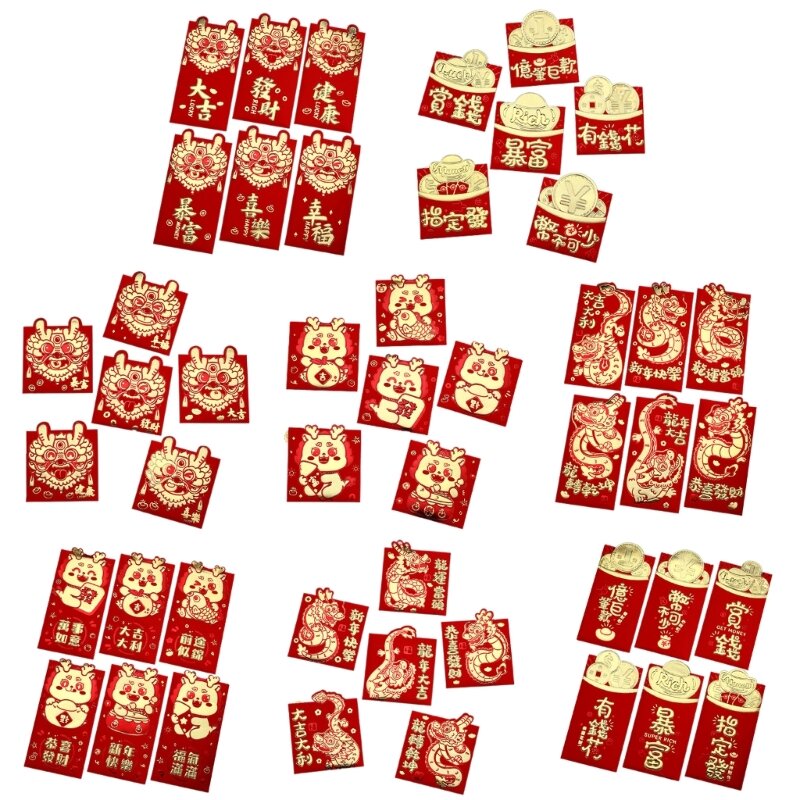 Amplop Merah Gaya Cina 6 Buah, Tas Uang Dekoratif untuk Perayaan Khusus Dompet Tradisional/Keberuntungan Hong Baos