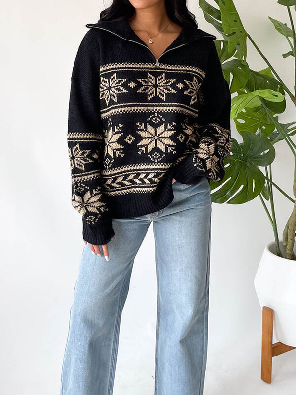 Maglione lavorato a maglia da donna a maniche lunghe con colletto rovesciato Pullover da neve con cerniera maglione caldo per l'autunno inverno