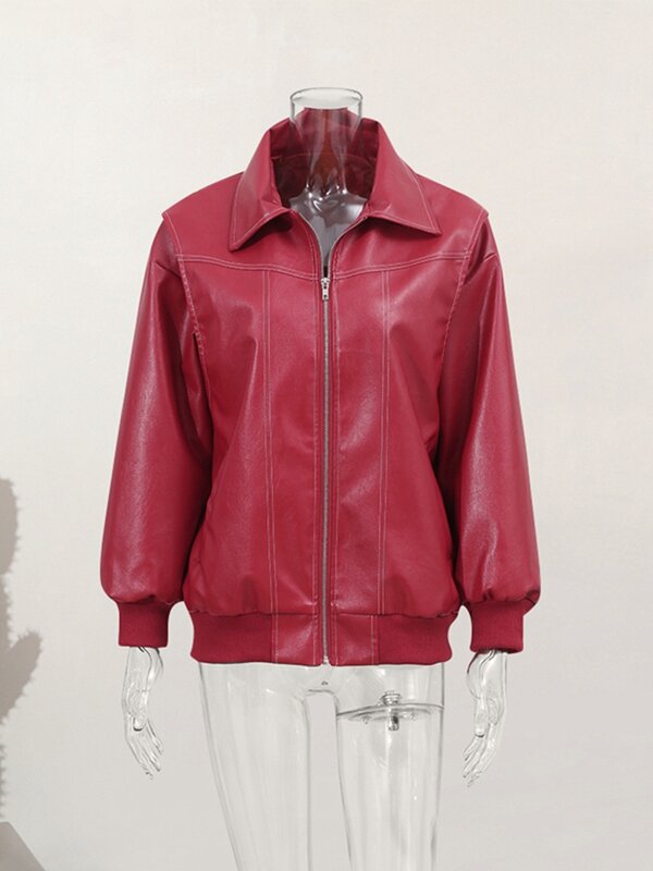 Frauen rot Revers Reiß verschluss Leder kurz geschnittenen Mantel Herbst lässig Langarm Patchwork Jacke 2023 Winter mode neue Büro Streetwear