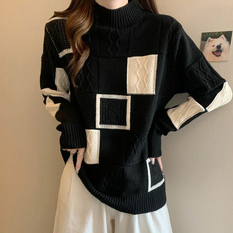 Komuter Korea kotak-kotak disambung jumper musim gugur musim dingin pakaian wanita Jacquard tenun bergaya sekrup benang longgar sweater rajutan