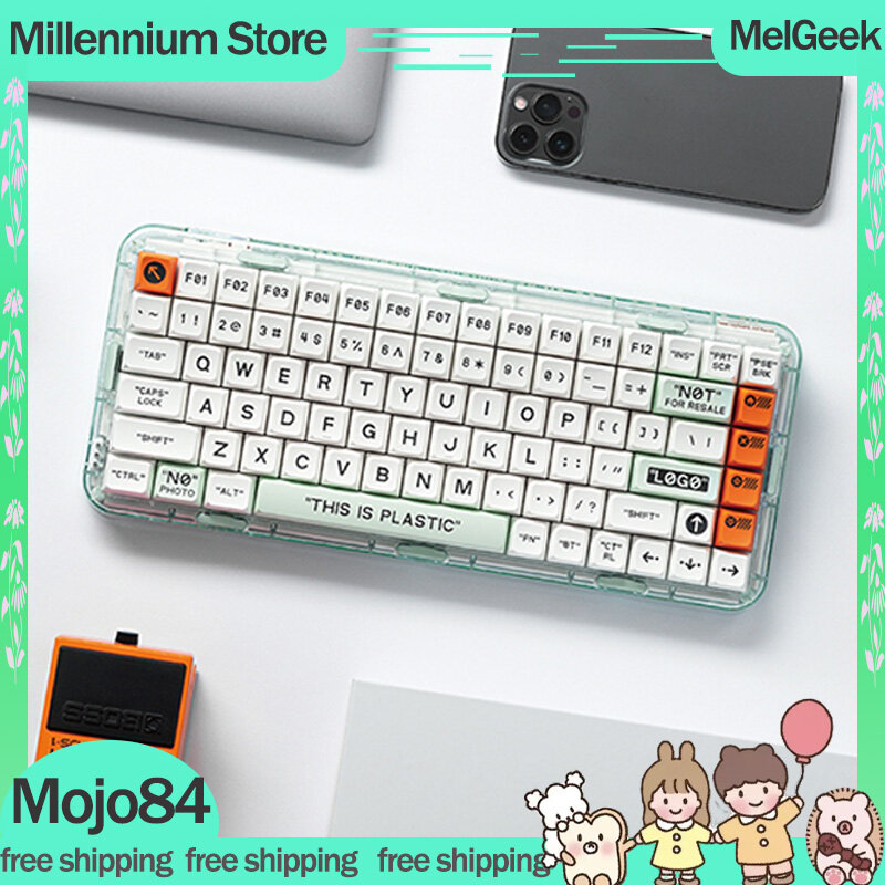 MelGeek Mojo84 게이머 기계식 키보드, 3 가지 모드, 2.4G 무선 블루투스 키보드, RGB 핫 스왑 키캡, PBT PC 개스킷 키보드 선물
