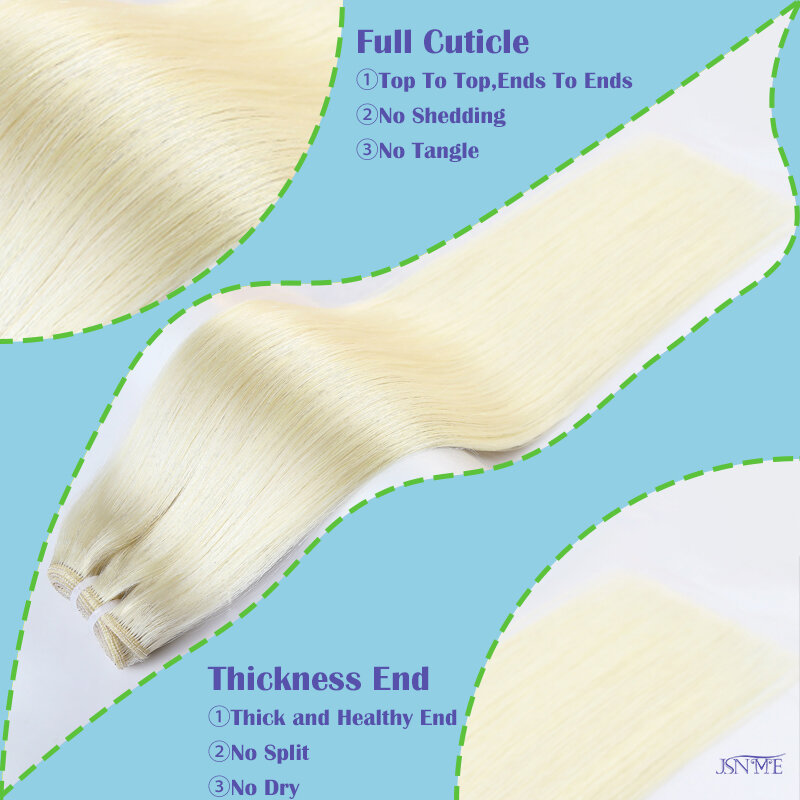 JSNME-extensiones de cabello humano liso, mechones de trama de cabello humano Remy europeo, pelo Natural Rubio liso, cosido en trama