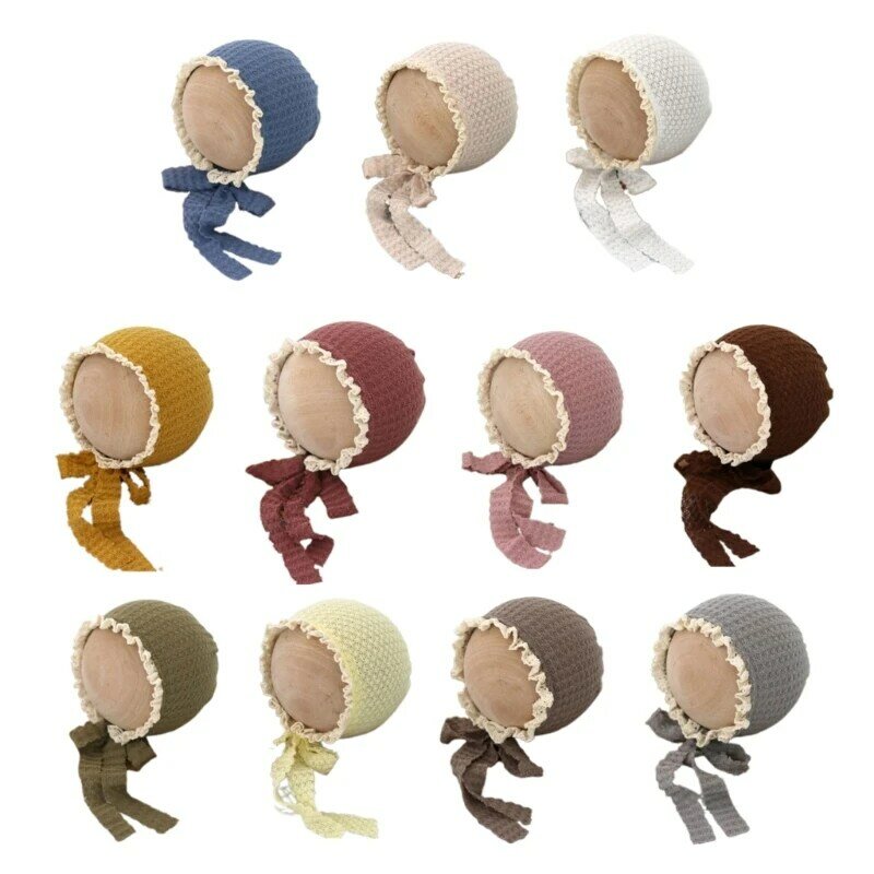 Topi renda wafel bayi desain cantik, topi renda dengan tali alat peraga fotografi bayi baru lahir, alat peraga pemotretan bayi laki-laki perempuan