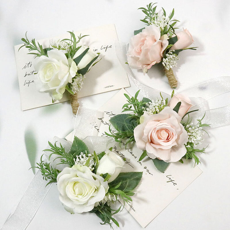Свадебный корсаж, искусственные цветы ручной работы, браслет розы из искусственного шелка, аксессуары для украшения выпускного вечера