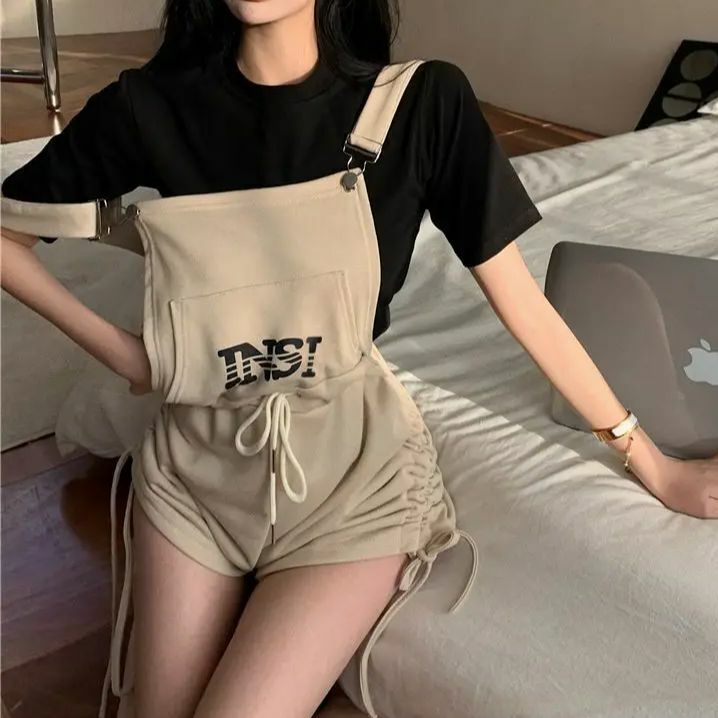Rompers Shorts Short Sleeve Top Women Daily Loose Popular Solid Drawstring Design Summer Simple All-Match Korean Style Retro