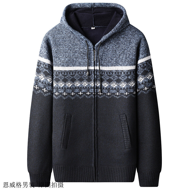 Sweater rajut pria, sweater berkerudung musim gugur dan musim dingin, kardigan isolasi tebal mewah, warna cetak kasual,