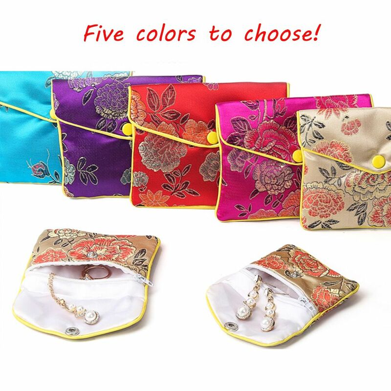 New Chinese Brocade Handmade Silk Embroidery Padded Zipper Small Jewelry Gift Storage Pouch Bag Snap Case Satin Coin Purse