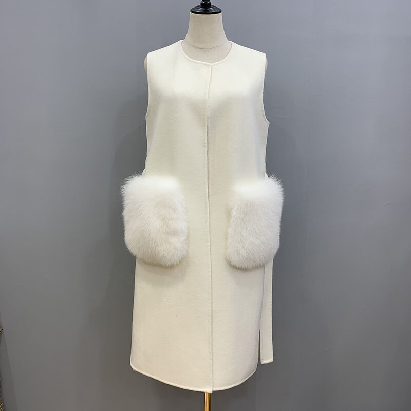 Mùa Xuân Mùa Thu Bất Cashmere Vest Với Fox Fur Phụ Nữ Không Tay Thời Trang Lông Thú Túi Gilet Thời Trang Dạo Phố Len Áo Ghi Lê S3605B