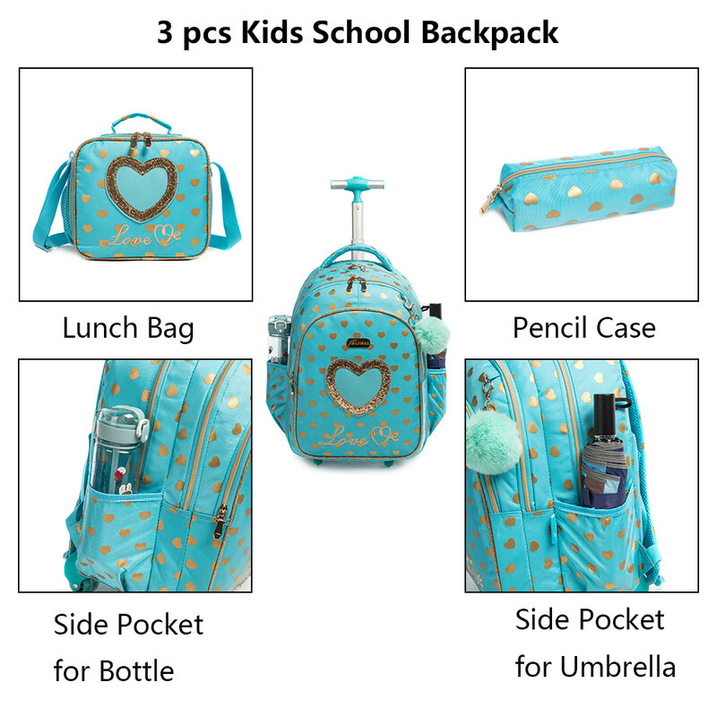 Mochila escolar para crianças, Bolsa de rodas para meninas, Trolley Bags for Kids, Bagagem de viagem