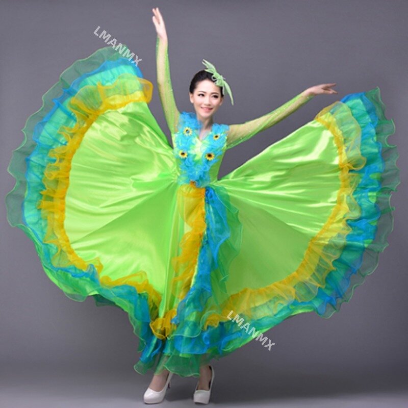 여성 원피스 집시 소녀, 스페인어 플라멩코 스커트, 스트라이프 새틴 밸리 댄스 코스튬, 360 도 공연 무대 연습 댄스