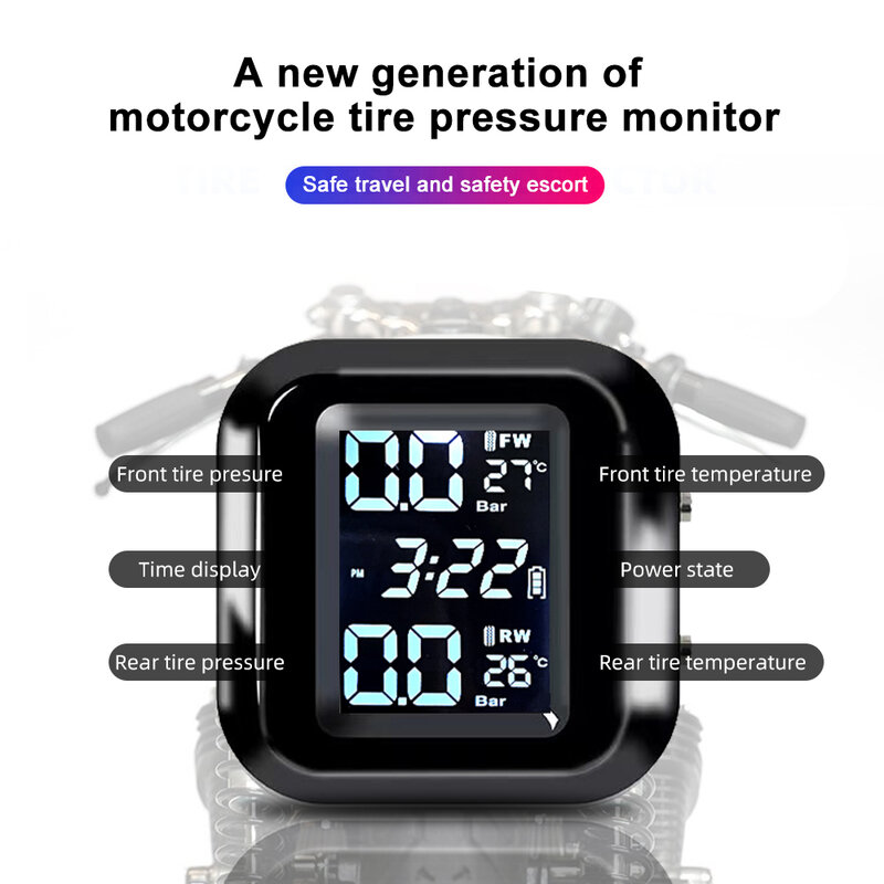 Sensor tekanan ban sepeda motor TPMS, Sistem Monitor ban motor 0-6.2, tampilan LCD presisi tinggi, penguji tekanan ban sepeda motor tahan air