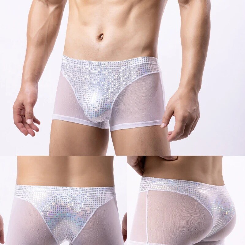Men Trunks Mesh Patchwork Sequin Pouch Bulge Underpants Male Dance Knickers Sexy Breathable Panties Breathable Boxers