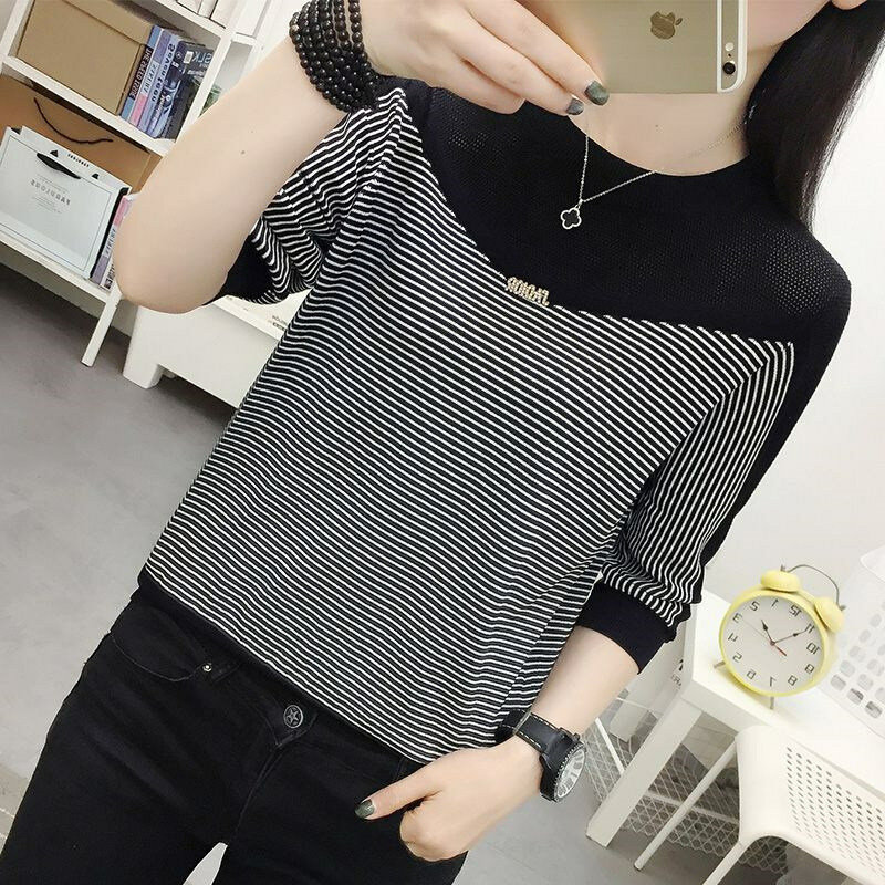 Striped Patchwork Basic Knitwear Autumn Women's Korean Fashion Casual Three Quarter Sleeve O Neck Slim Fit Tops Knitted Sweater