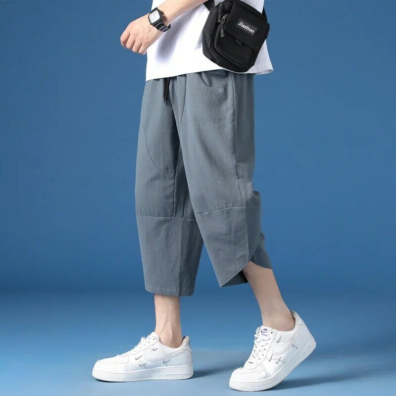 Pantalones bombachos de lino para hombre, Shorts de cintura elástica, Color sólido, informales, recortados