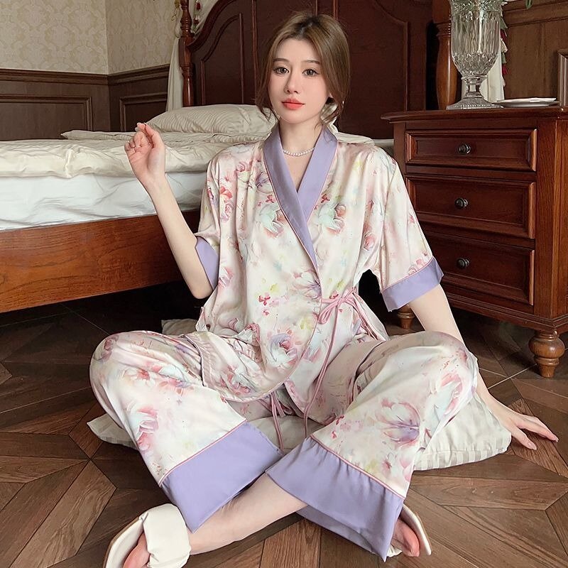 High-Grade Ice Silk Pajamas Women Temperament Short-Sleeved Trousers Thin Homewear Female Tied Casual V-neck Nightclothes Suit