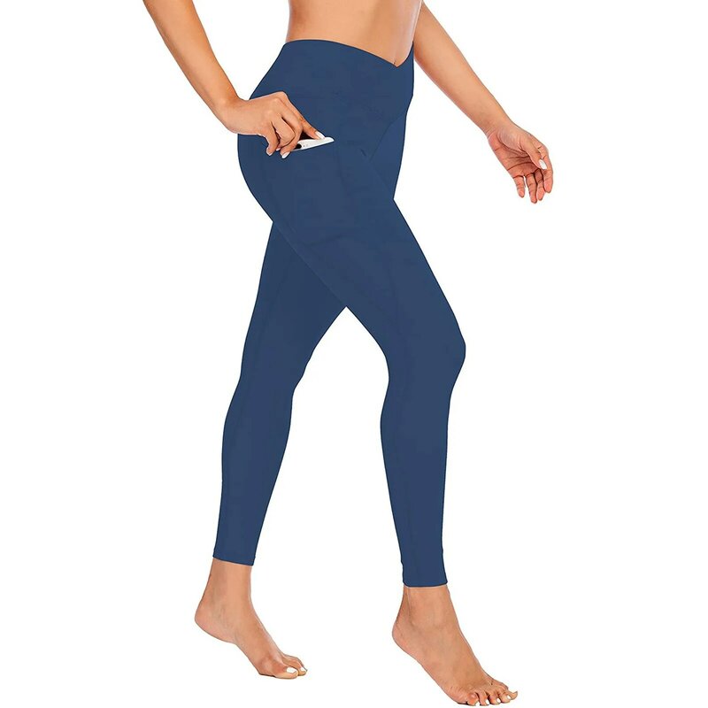 Celana Yoga wanita, celana atletis sederhana, legging ketat elastis pinggang tinggi dengan saku, celana Yoga angkat pinggul warna polos untuk perempuan