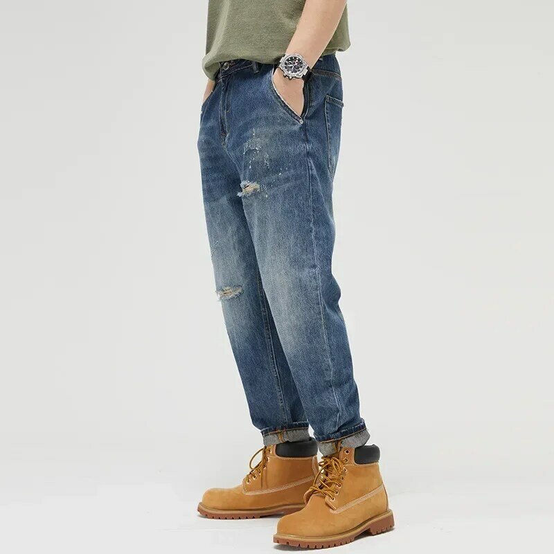Calça comprida casual masculina de algodão, jeans à prova de vento, nova moda, inverno e outono, 2024