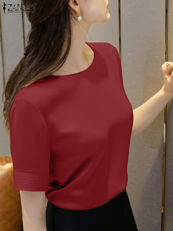 Женская летняя офисная блузка ZANZEA, элегантная офисная рубашка с коротким рукавом, модная атласная туника, повседневные блузки оверсайз с круглым вырезом, 2024