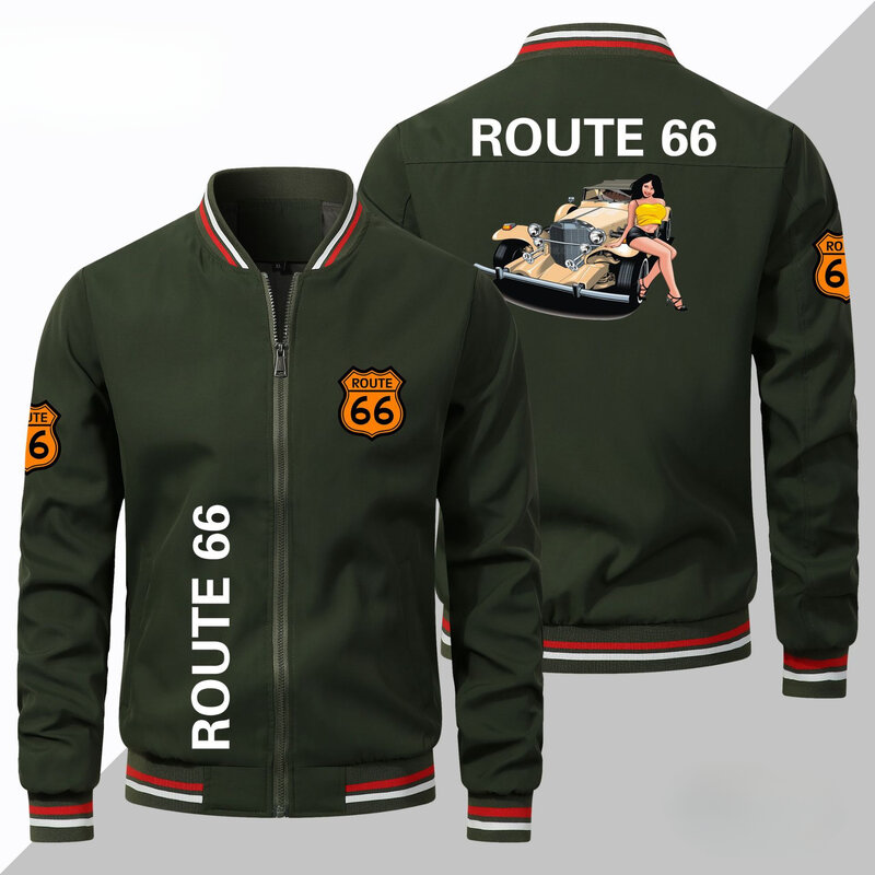 Wiosenna i jesienna europejska kurtka w dużym rozmiarze Modna męska kurtka Route 66, sportowa męska kurtka bejsbolowa z logo samochodu