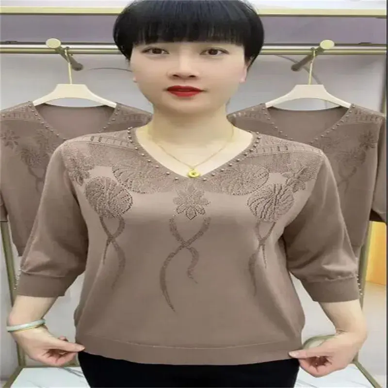 Korean Vintage Women Clothing 3/4 Sleeve Knitted T-shirt Spring Summer Fashion V-neck Solid Diamonds Loose Casual Tops 2023 New