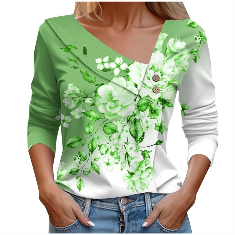 Camiseta de manga comprida com estampa floral feminina, blusa com gola, camiseta estilo coreano, moda feminina de escritório, primavera, outono, gráfico, 2022
