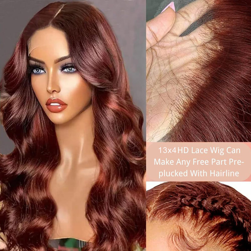 Peruca de cabelo humano brasileira para mulheres, onda corporal colorida, lace front, hd natural, vermelho gengibre, perucas frontais 13x4, venda