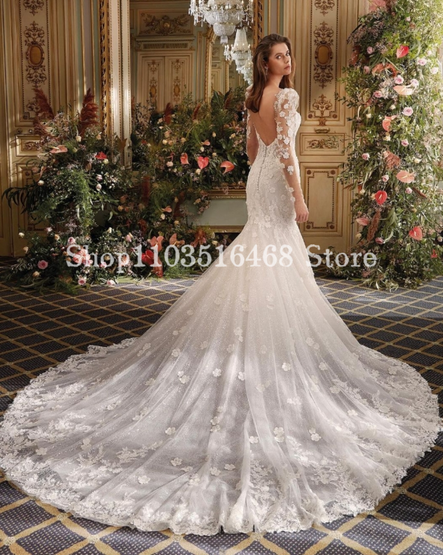 Elegant Long Sleeve Mermaid Wedding Dress 2024 For Women Luxury Princess Applique Embroidered Veil Formal Wedding Bridal Gowns