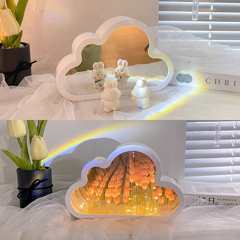 Lampu Tulip cermin Cloud, dekorasi Desktop buatan tangan kreatif kamar tidur ornamen lampu malam DIY