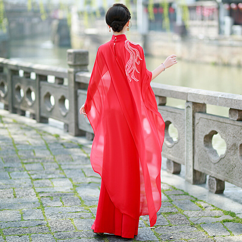 Gaun pesta malam merah panjang wanita seksi Qipao Modal acara Cheongsam wanita Tiongkok kerah Mandarin gaun ukuran besar 5XL