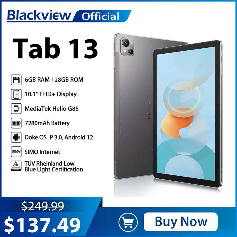 Blackview-Tableta con pantalla FHD de 128 ", Tablet con Android 12, Helio G85, Octa Core, 6GB + 7280 GB, 10,1 mAh, cámara de 13MP