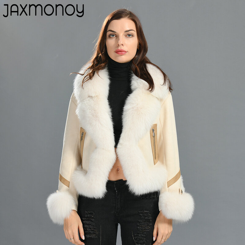 Jaxmonoy-진품 여우 모피 코트 화이트 오리털 자켓 여성용, 따뜻한, 패션, 긴팔, 겉옷, 2022 신상 스타일, 겨울