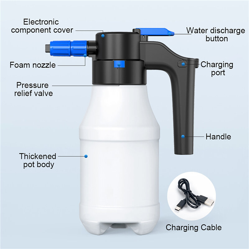 전기 세차 거품 분무기 캔, USB 충전식 포밍 펌프 분무기, 휴대용 전기 가압 거품 물뿌리개, 1.5L