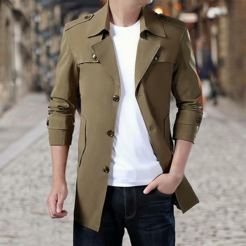 Модная мужская ветровка с отложным воротником, длинными рукавами, карманами и застежкой на пуговицах, весенне-осенняя плотная деловая куртка средней длины