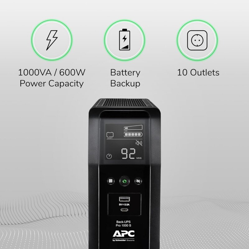 APC UPS 1000VA резервный аккумулятор с синусоидальной волной и стабилизатором напряжения, блок питания BR1000MS с AVR, (2) USB-зарядным устройством
