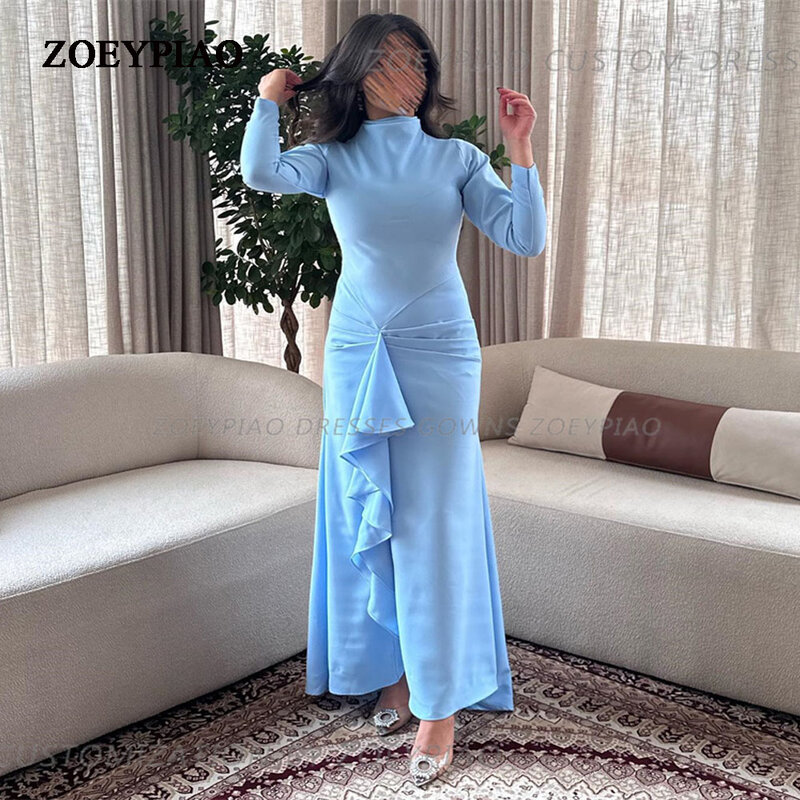 Vintage himmelblaue Meerjungfrau Abendkleider High Neck lange Satin Ballkleid arabische benutzer definierte formelle Kleider Promi-Kleid