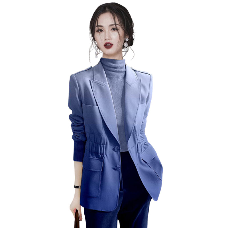 ใหม่แฟชั่นผู้หญิง Gradual Blue จีบคุณภาพสูงเสื้อคลุมสูท Slim Fit ลดลงอายุชุด Top Coat