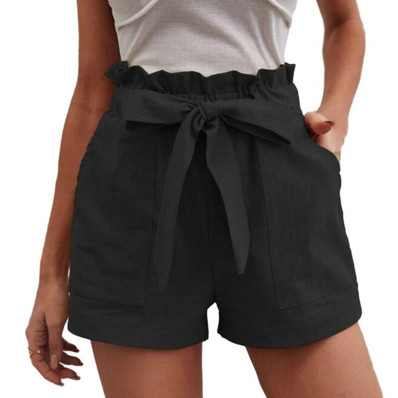 Women Shorts High Elastic Waist Shirring Bow Decor Solid Color Pockets Loose Casual Straight Above Knee Length Summer Shorts