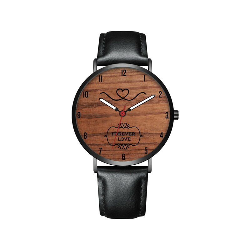 여성용 가죽 시계 발렌타인 데이 선물 패션 커플 시계 스트랩, 스틸 쿼츠 손목 시계, 나무 결 절묘한 다이얼 시계