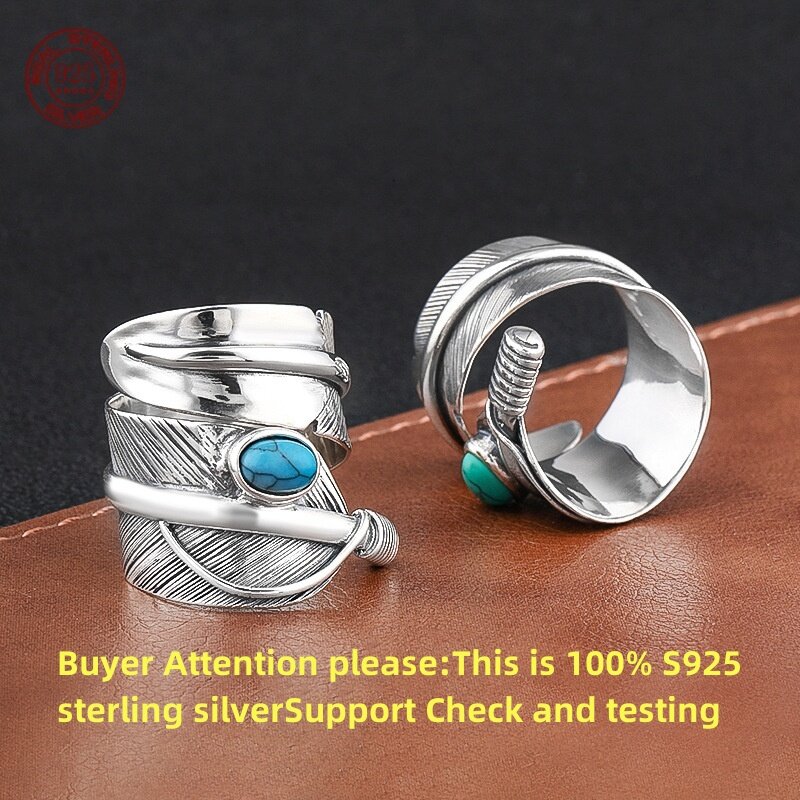 S925 Sterling Zilver Vintage Trend Persoonlijkheid Veren Ring Paar Blauw Turquoise Set Dubbele Wijd Open Ring