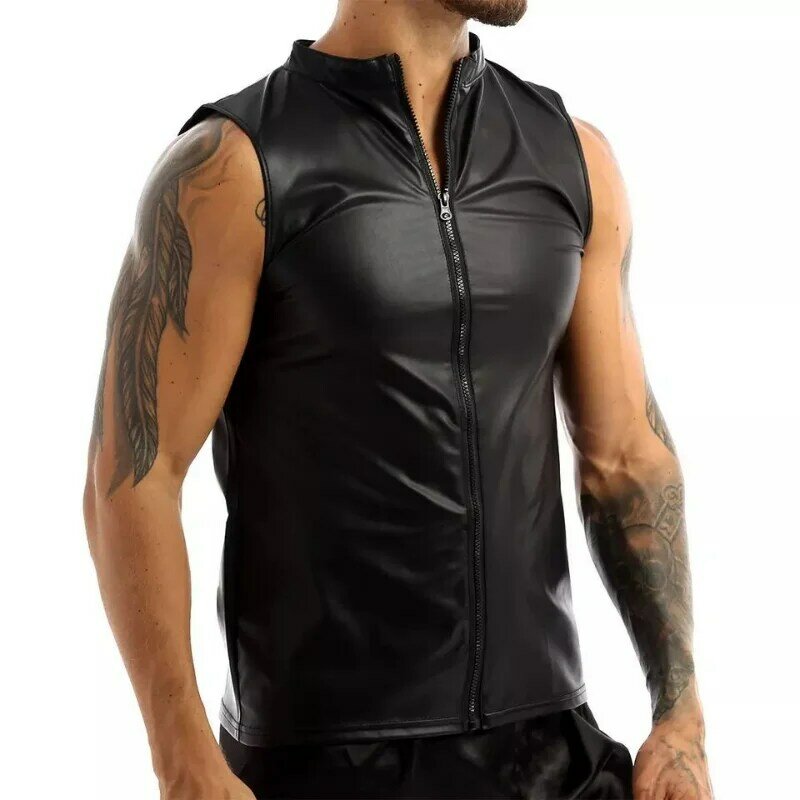 Men's Large Sexy Soft Leather Sleeveless Shirt Shaped Tank Top Men's Shiny Leather Tight Top Elastic Leather Clothing Role Play