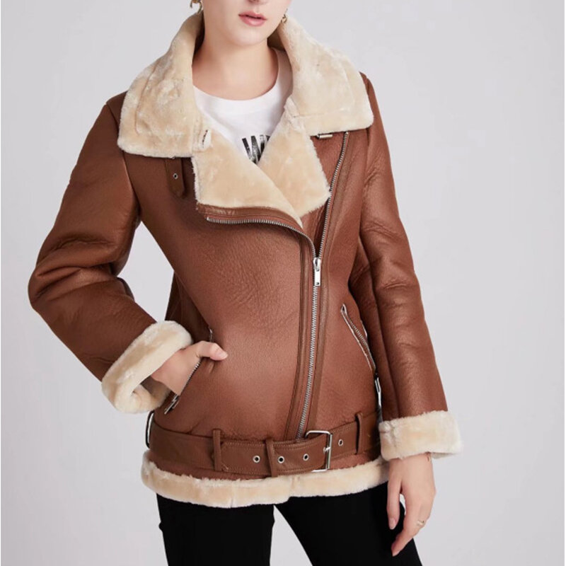 女性用ベルト付きフェイクレザージャケット,シープスキンのコート,女性用アウターウェア,ジャケット,厚さ,冬,2023