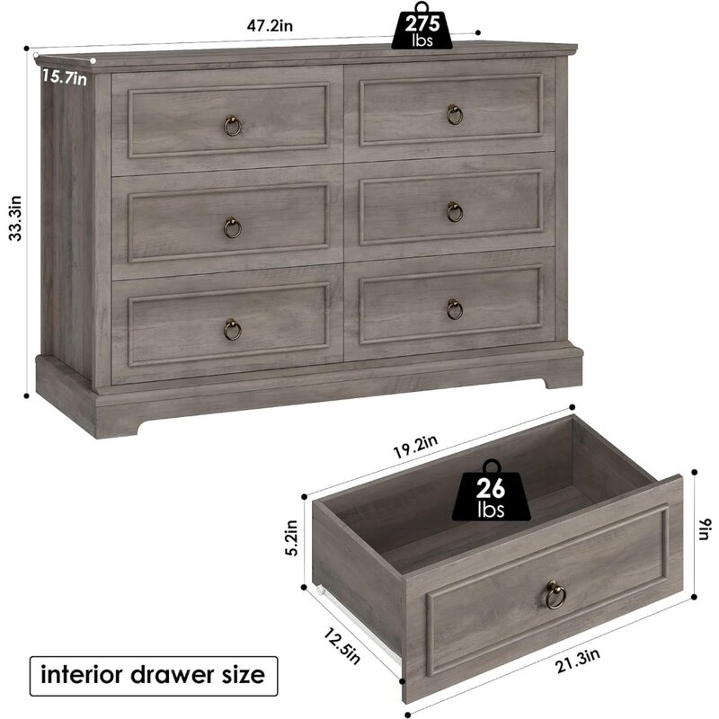 Drawer Double Dresser, Modern Farmhouse Chest of Drawers, Wide Dressers Organizer, Accent Wood Storage Cabinet  Dressers