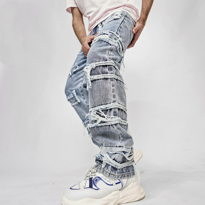 Männer zerrissen gewaschene Jeans Hose neue stilvolle Hip Hop Streetwear männliche solide Retro Distressed Löcher gerade Jeans hose