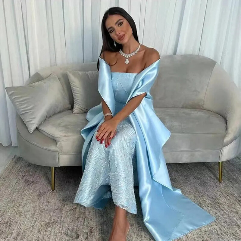 Gaun Prom ketat biru langit gaun pesta elegan panjang tanpa tali pakaian wanita untuk malam hari dengan bungkus Arab Saudi Vestidos De Novia