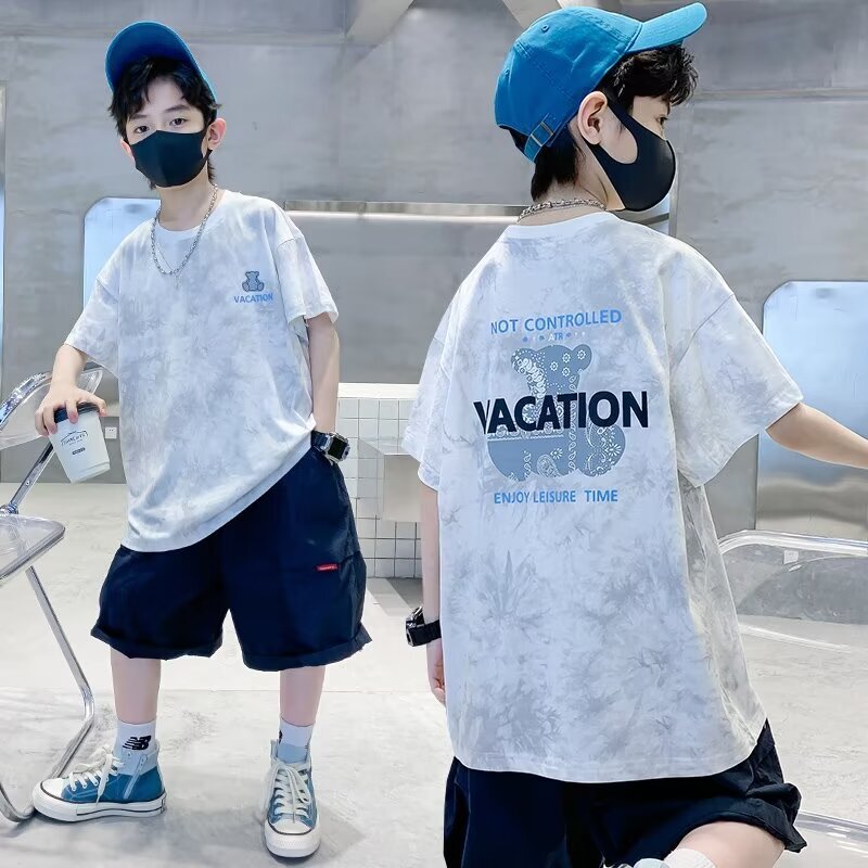 Camiseta de manga curta com gola em o infantil, estilo americano, tops de urso pequeno, roupas infantis, moda infantil, verão, 2024