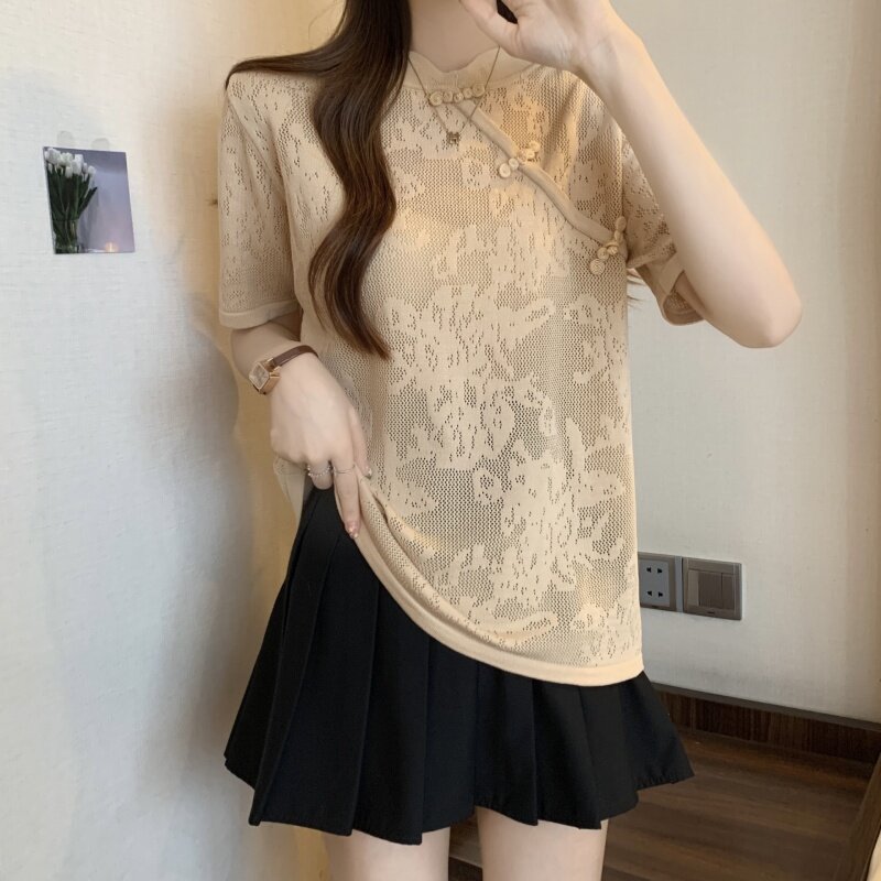 Plus size ice silk knitted short-sleeved shirt women's summer vintage traditional buckle hollow thin figure flattering top