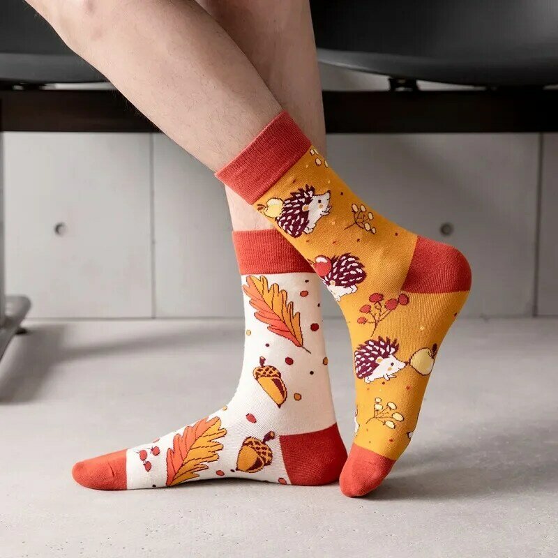 Chaussettes décontractées à motif de fleurs et d'oiseaux pour hommes, pieds AB, tube moyen, chaussettes tendance, grande taille, nouveau